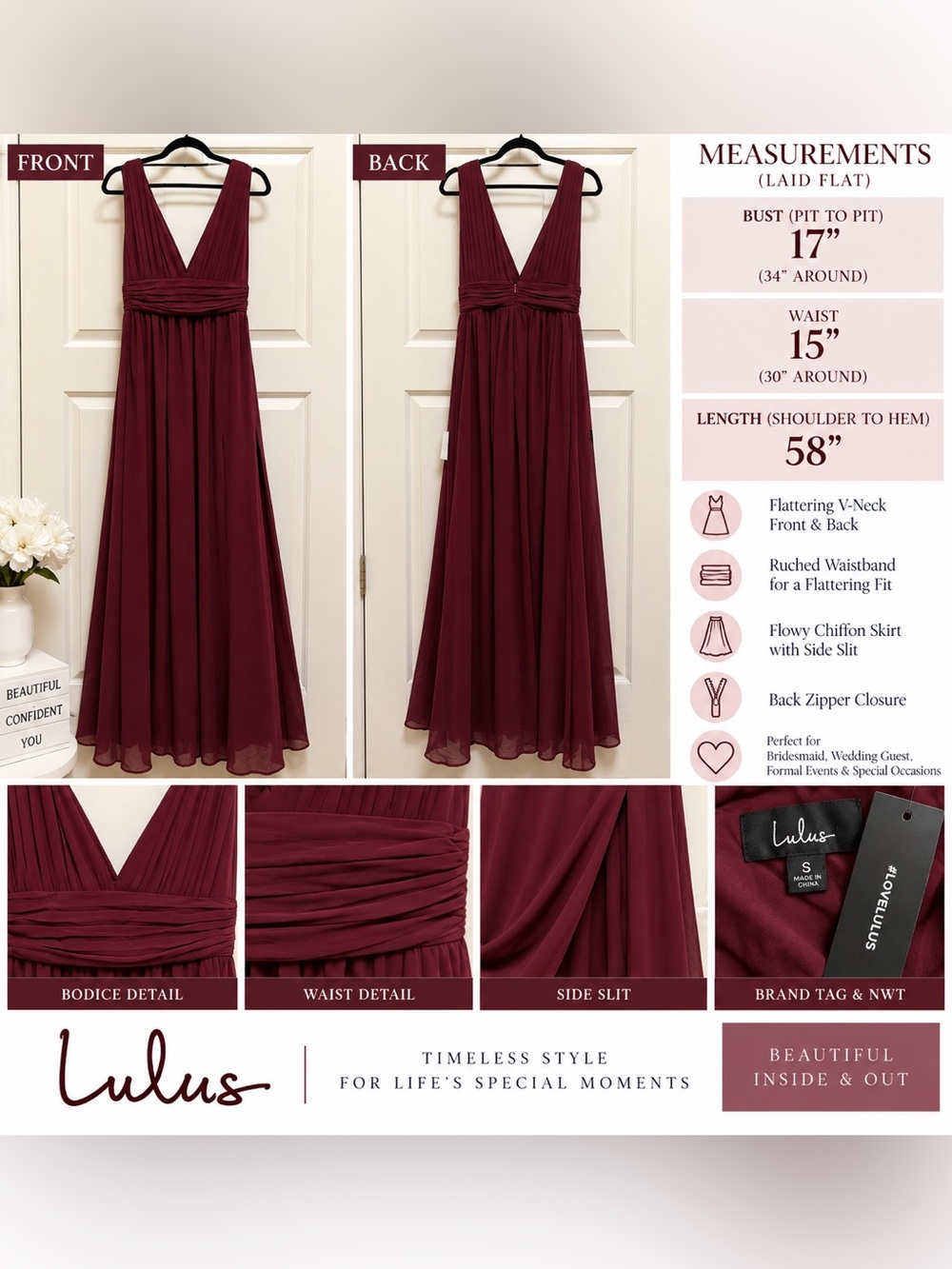 NWT Lulus Burgundy Chiffon Deep V Maxi Formal Dress Size S